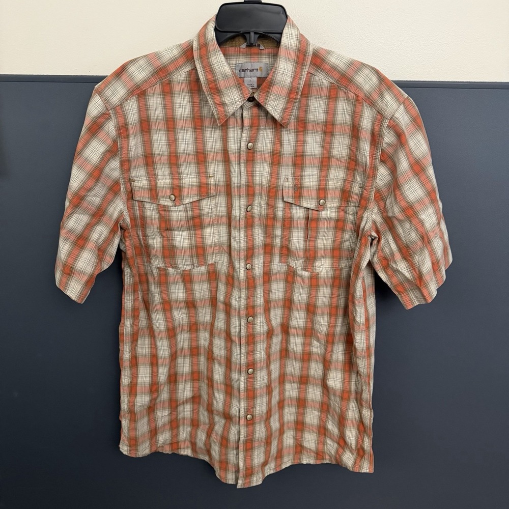Carhartt Plaid Short Sleeve Button Shirt Orange Relaxed Fit Men's L Pearl Snap